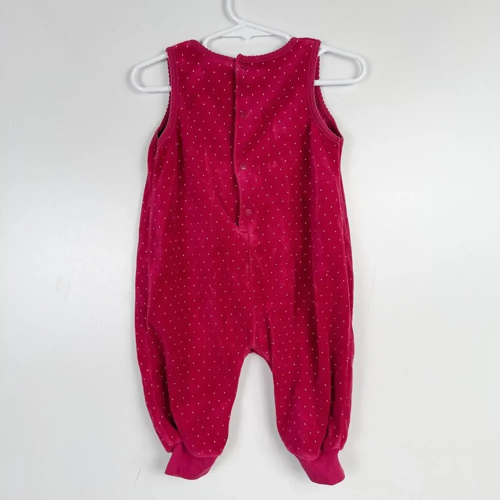 Vtg 90s OshKosh B'Gosh Velvet Jumpsuit Polka Dot Heart Pink - 6-9 Months